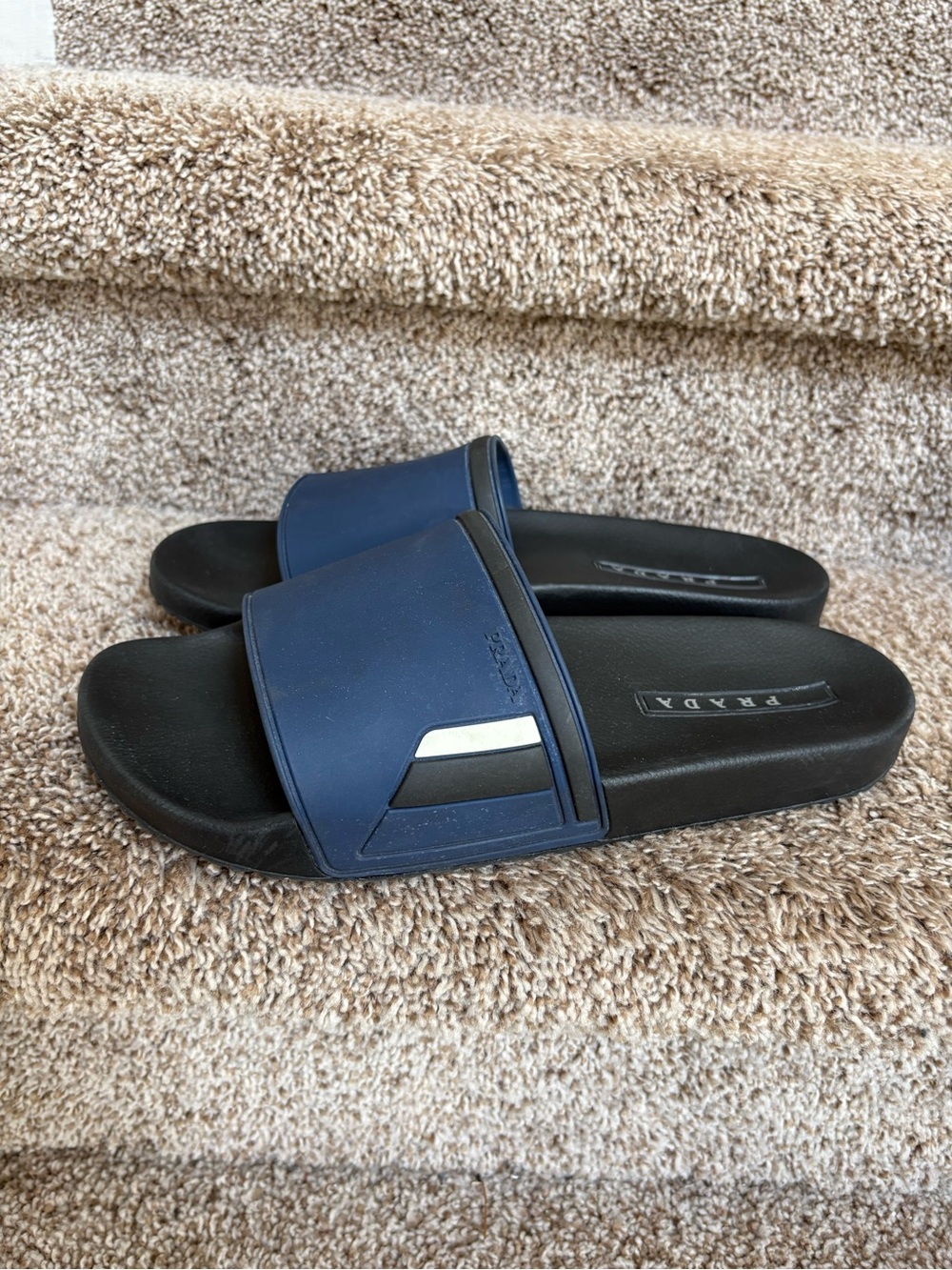 Prada Men's Navy and Black Logo Slide Sandals